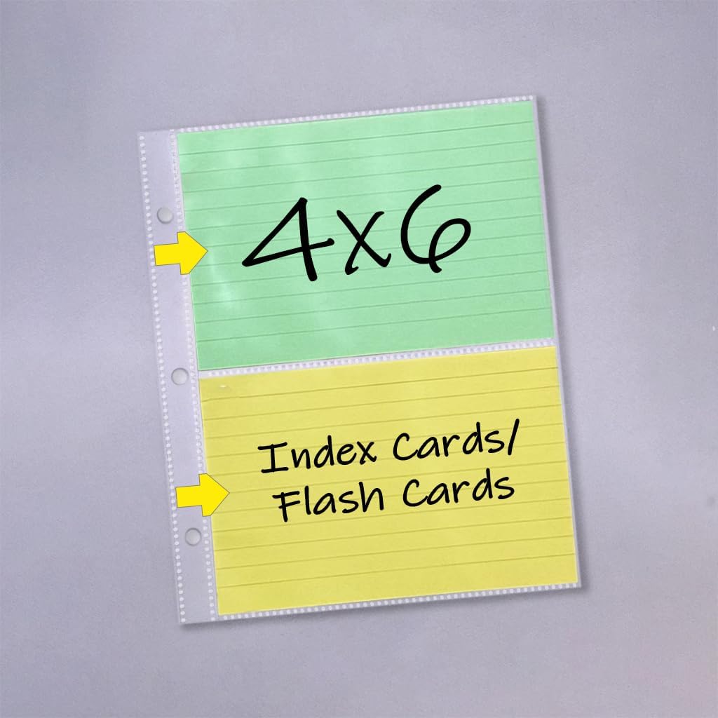 4x6 Flash Card Protectors Heavyweight 100 Micron Bulk 150 Pack (3x50), Holds 4 Cards Each, 3-Hole Punched Index Card Sleeves - Keepfiling