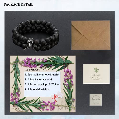 2Pcs Mens Bead Bracelets Gold Wolf Bracelet For Men Women 8Mm Natural Stone Black Agate Tiger Eye Beads Bracelet Protection Bracelet For Men Women Birthday Gift For Him Her (Gold Skull & Lava Stone) #TOP4