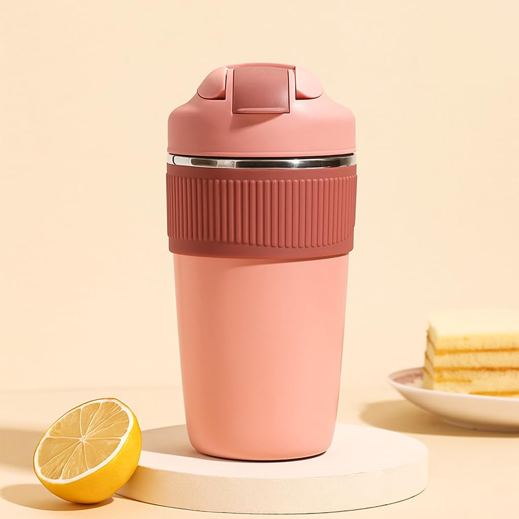 YELONA Macaroon 480 ML Double Wall Insulated Travel Coffee Tumbler Mug Sipper with 2in1 Flip Up Inbuilt Straw and Sip Lid, Leak Proof (Rough Powder)