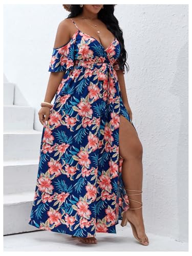 Image of Floerns Women's Plus Size Cold Shoulder Short Sleeve Split Thigh Long Dress