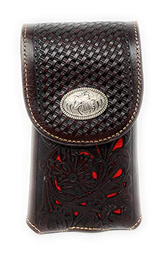 Texas West Western Cowboy Tooled Floral Leather Horse Concho Belt Loop Cell Phone Holster Case in 4 Colors (Coffee/Red)