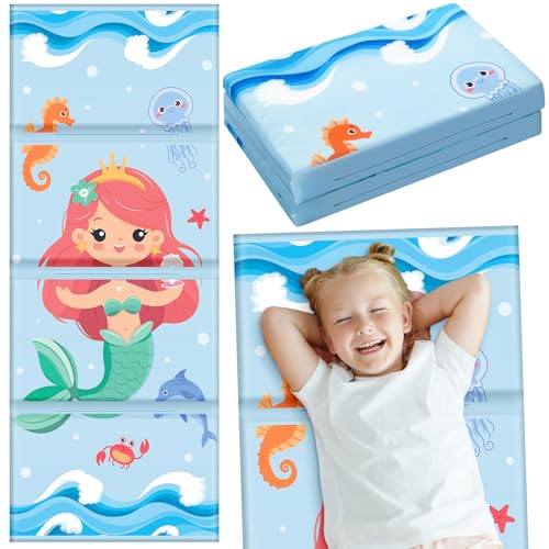 Image of Shellwei Vinyl Nap Mat Kid Preschool Daycare Sleep Mat,Mermaid | 1 inch Thickness, 45 inch x 19 inch x 1 inch, 4-section Softness Rest Mat, Suitable for Daycare Travel, and Home, Easy to Clean