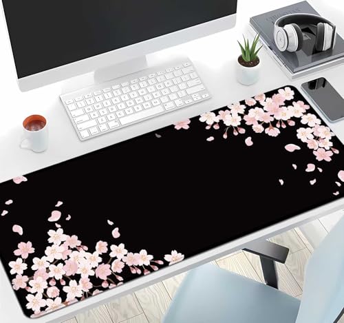 Image of IMAYONDIA Sakura Japanese Desk Mat, Cherry Blossom Large Gaming Mouse Pad, Black Elegant Floral Mousepad for Women, Minimalistic Flower Aesthetic Desk Pad for Work, Game, Office, 31.5x11.8