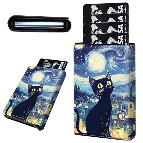 Credit Card Holder Aluminum Auto Pop Up Wallet, Slim Minimalist Credit Card Holder For Men and Women, Leather Card Case Front Pocket Trifold Wallet RFID Blocking Wallets,Black Starry Sky Cat -1667