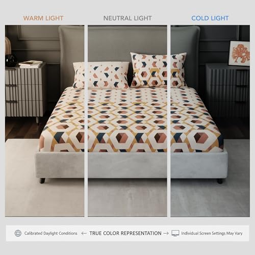 Image of BLISSHOME SoftTouch 150TC Cotton King Size Fitted Bedsheet with 2 Pillow Covers, Silky Smooth Bedding Set, Breathable, Easy Maintain, Geometric Pattern - Beige (183cm x 198cm + 25cm Drop)