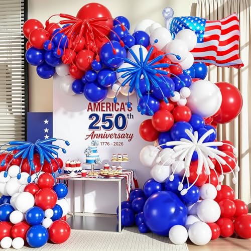 142PCS Red White and Blue Balloons Arch Garland Kit 4th of July Balloon Arch with Flag Balloon for National Day 4th of July Patriotic Party Decorations Independence Day Memorial Day Party Supplies