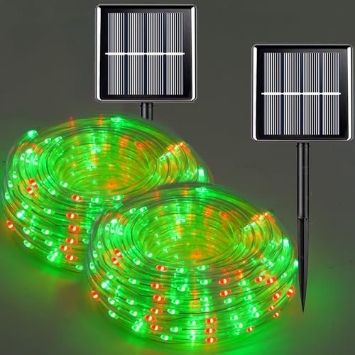 QITONG Red and Green Solar Rope Lights 2 Pack Each 33ft 100 LED String Lights Outdoor Fairy Lights in Clear Thin Tube with 8 Modes
