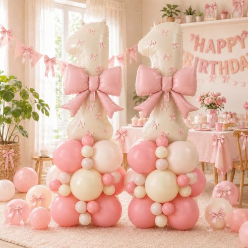 Image of 40 Inch Pink Beige Number 1 Balloon Tower with Bow 1st Birthday Decorations
