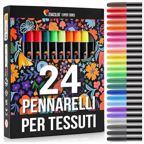 Zenacolor 24 Pennarelli per Tessuti e Stoffa - Colori per Tessuti Atossici, Indelebili e Permanenti a Punta Fine - Per Bambini e Adulti