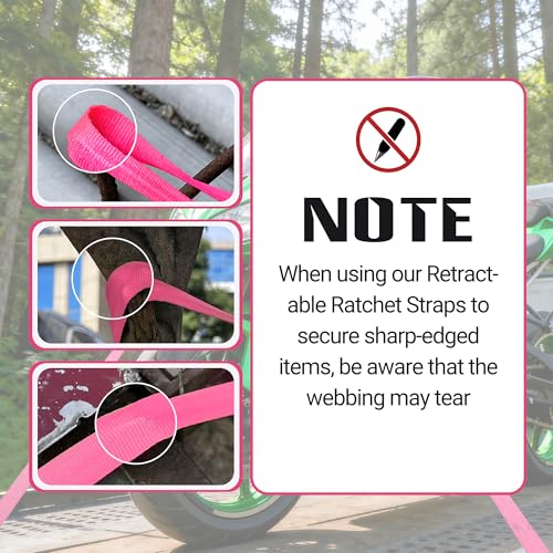 Image of Retractable Ratchet Straps 1 inch x 13Ft, Heavy Duty Self Retracting Tie Down Straps, 1800lb Break Strength Auto Retract Cargo Straps for Truck, Trailer, Motorcycle, ATV, UTV, (Pink, 2 Pack)