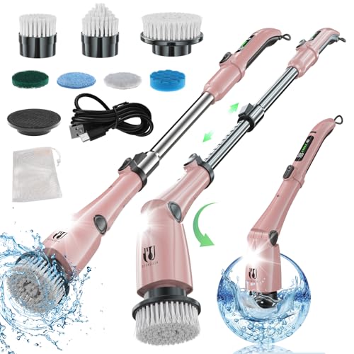 Electric Spin Scrubber, Cordless Cleaning Brush with LED Display, 7 Replaceable Heads, 300-500 RPM, 3 Speeds, Adjustable & Detachable Handle, 4000 mAh, for Bathroom, Kitchen, Tile Floor - Golden Rose