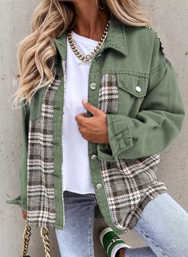 SHEWIN Womens Oversized Denim Jacket Casual Long Sleeve Button Down Plaid Shacket Boyfriend Jean Jacket With Pockets3