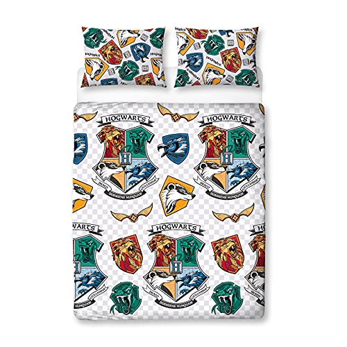 Harry Potter Double Duvet Cover Grid Design | Reversible 2 Sided Bedding Duvet Cover Official Merchandise Pillow Cases Included (Double)