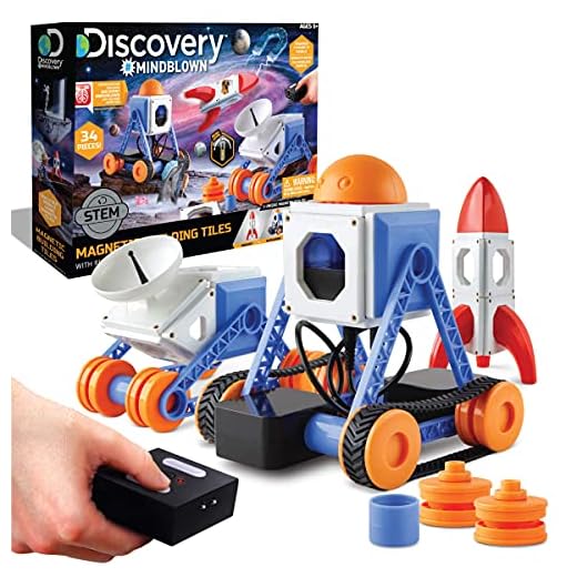 Discovery #MINDBLOWN Customizable Magnetic Building Tiles with Remote Control, 34-Piece Play Set, Build 3 Intergalactic Models, Includes 2 Powered Motors, STEM Toy for Boys and Girls