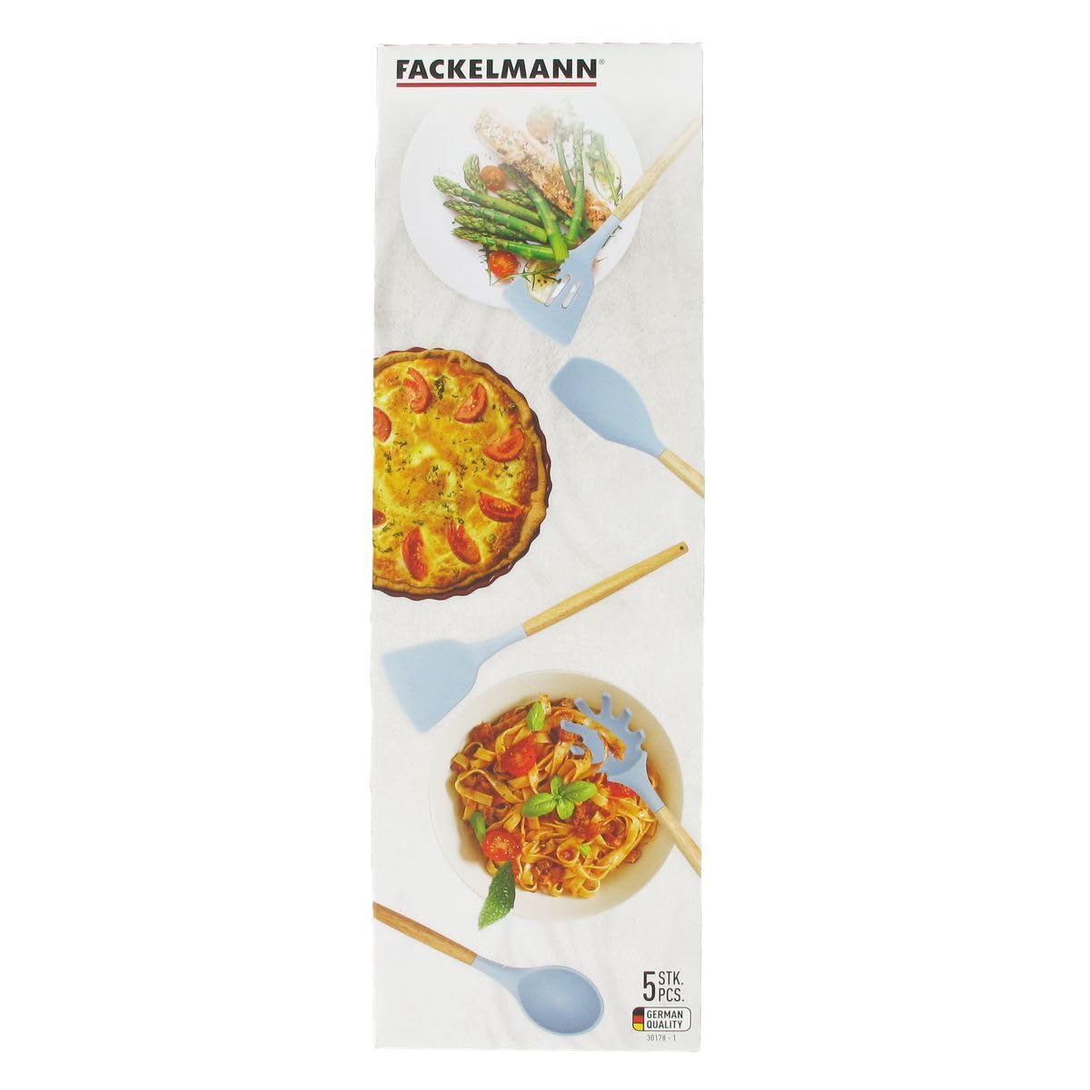 Fackelmann 30178 - Set di 5 utensili da cucina, set di cucchiai e spatole da cucina e supporto in legno, silicone, legno FSC, 32 cm