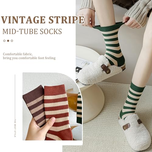 Image of 5 Pairs Vintage Style Colorful Striped Socks for Women, Cute Athletic Crew Socks