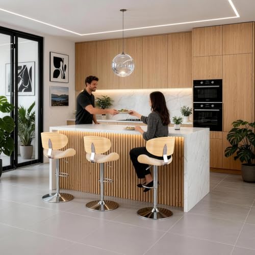 Image of Adjustable Swivel Bar Stools Chair,Counter Height Bar Stools with Back,350 LBS PU Leather Bar Stool for Kitchen Island,Upholstered Pub Stools with Footrest (Beige, Set of 3)