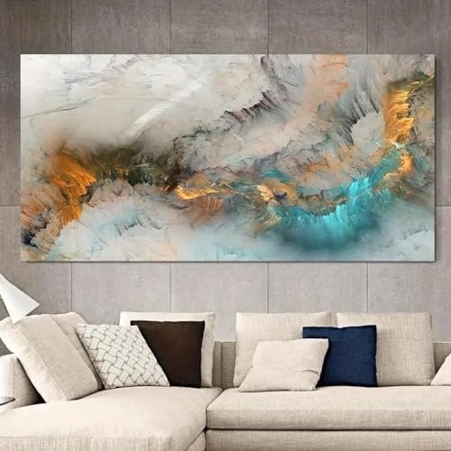 Peinture abstraite gris or bleu pour sublimer la décoration murale d'un grand salon