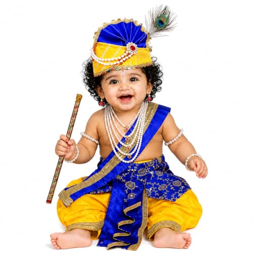 Image of Sarvda Krishna & Radha Dress for Kids - Complete Janmashtami Costume Sets with Dhoti /Lehenga, Mukut, Mor Pankh, Bansuri & Accessories | Fancy Dress for Baby Boys & Girls