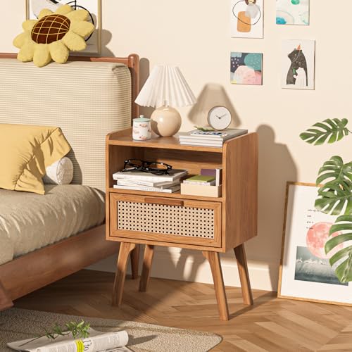 Image of Lerliuo Rattan Nightstand, Side Table with Drawer Open Shelf | Bedside End Table with Solid Wood Legs, Mid Century Modern Night Stand for Bedroom, Dorm and Small Spaces (Tea Brown)