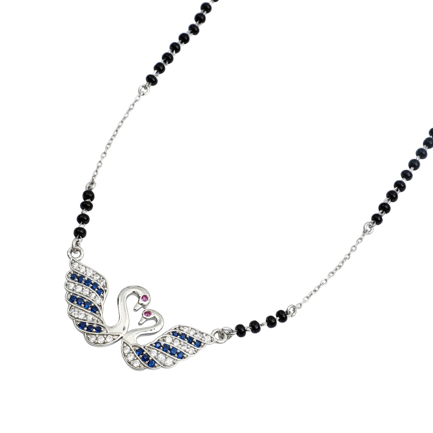 925 Sterling Silver Pure Rhodium Swan design Swiss Zirconia Black Beads Mani Hypoallergenic Mangalsutra Jewellery| Tanmaniya Chandi Gift for Women-image-42