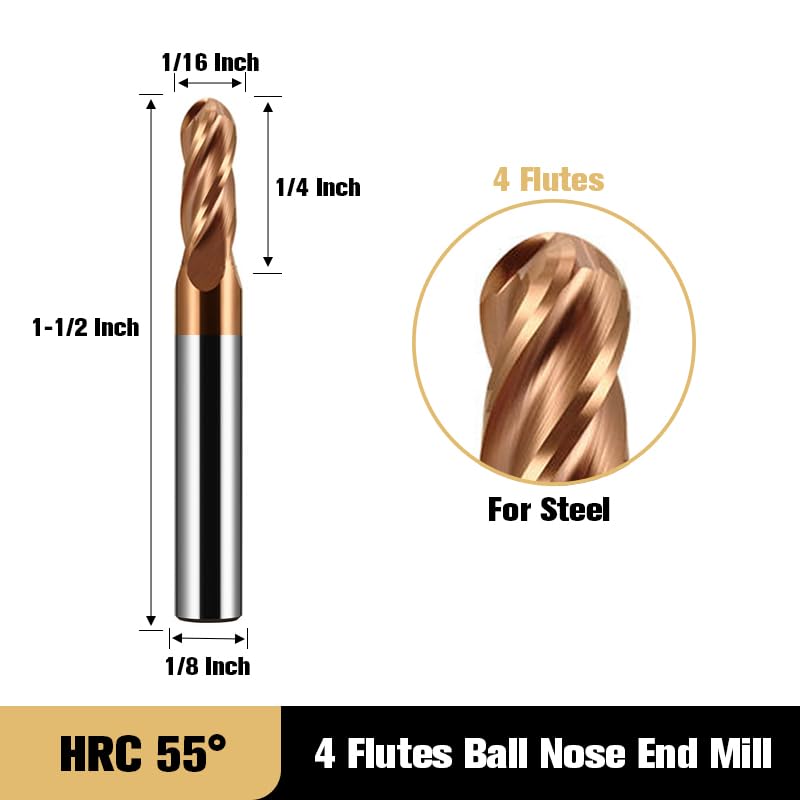 5PCS 1/16" Carbide Ball Nose end Mill Bits Set- 1/8" Shank Dia,1-1/2'' Oal - 4 Flutes TISIN Coated - for Alloy Steels, Hardened Steels