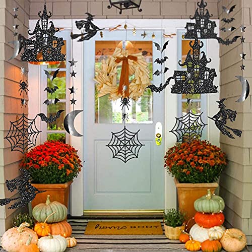 Glitter Black Halloween Party Decorations Gothic Birthday Garlands Hanging Witch Bat Spider Haunted House Star Moon Decor Streamers Backdrop Birthday Baby Shower Home Office Classroom Decor #TOP1