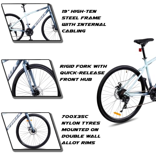 Image of Vaux City-Pro Hybrid Cycle for Adults with 21 Speed Shimano Gears| 19 Inch HI-Ten Steel Frame| Dual Disc Brakes| 700x35C Tyres|Double-Wall Alloy Rims(Nardo-Grey, Multispeed, Rigid Fork)