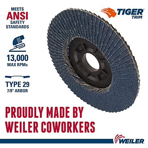 Image of Weiler 50003 Tiger 7 /8 inch Arbor, 4-1 /2 inch Diameter, 60 Grit, Zirconium, Trimmable Composite Backing, Angled Abrasive Flap Disc
