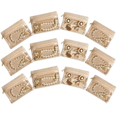 12 Pcs Travel Jewelry Organizer, Velvet Mini Pouch with Clear Zipper Pocket, Lightweight Jewelry Storage Organizer for Rings Earrings Necklaces, Travling Gift for Women Girls (Beige)