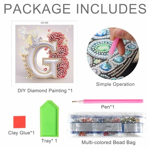 Image of AiYuanzsh 5D Diamond Art Kits for Adults Letter G, Golden Alphabet Rose & Dove Special Shape Diamond Painting, Floral Diamond Art for DIY Crystal Rhinestones Home Wall Decoration 17x17cm