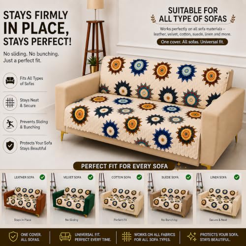 Image of Homerz Premium Printed Quilted Velvet Sofa Slip Cover Protector, Sofa Mat, Exact Size, Antislip Cover (Morocco, 2 Seater, Full)