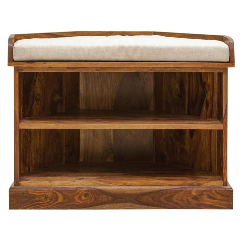 Image of Corner Display Shelf Storage | Wooden Storage Rack & Display Organizer | Solid Sheesham Wood Open Shelf for Living Room, Bedroom, Home & Office (Natural Wood, Shoe Rack)