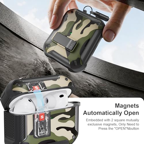 Image of for AirPods Pro 3 Case with Magnetic Lock and Phone Stand, Compatible with Magsafe Charging,with Carabiner&Cleaner kit for Apple iPod Pro 3rd Generation Cover(2025) Men Women (Camouflage Green)