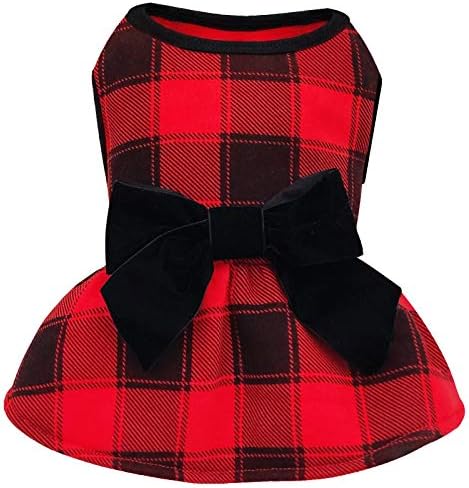 KYEESE Dog Dress Red Buffalo Check Small Dog Dresses with Bowtie for Holiday