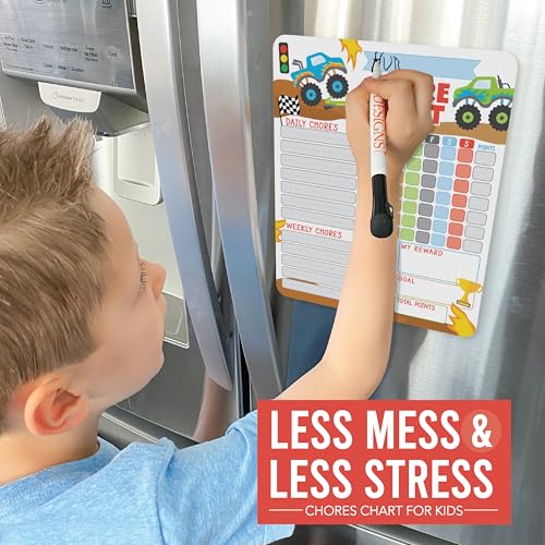 Image of Magnetic Chore Chart for Kids Dry Erase Reward Chart for Home and Classroom | Monster Truck Reusable Behavior Charts for Kids at Home and School, Weekly Magnet Responsibility Tracker for Teens and Adults