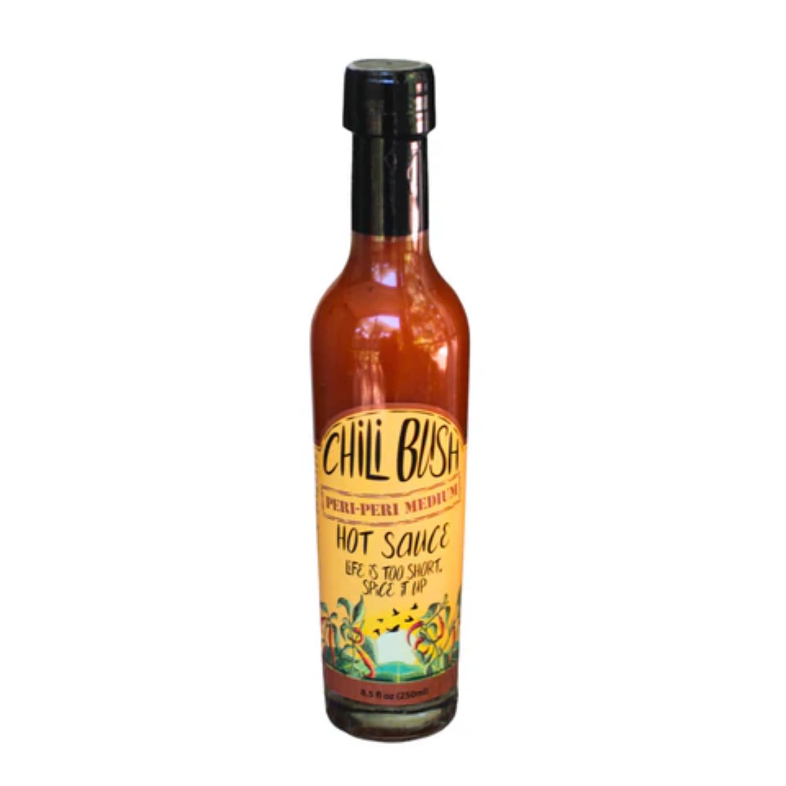 Chili Bush. Authentic Peri Peri Sauce. Traditional Afro-Portuguese flavors. Available in Hot, Medium, or Mild. Tangy, spicy, and rich flavor with perfectly balanced heat. 8.5 fl oz (250ml) Value Bottle. (1)