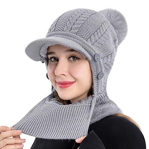 Women Knit Visor Brim Beanie Skull Cap Face Ear Cover Pom Hat Neck Warmer Gaiter Combo Breathable Windproof Winter Cute Cold Weather Snow Ski Balaclava Fleece Mask Hat Christmas New Year Warm Gift #TOP1
