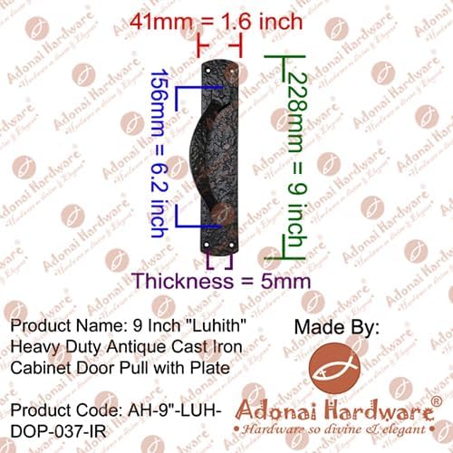 Adonai Hardware 9 Inch Luhith Heavy Duty Antique Cast Iron Decorative Door and Cabinet Pull with Plate (8, Black Powder Coated) for Vintage Sliding French Wooden Barn Doors, Gates, Fences, Farmhouse