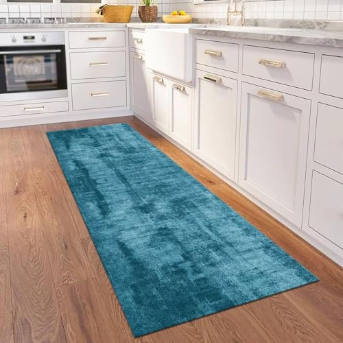 Tapis de couloir bleu foncé 70x400 cm abstrait antidérapant et lavable