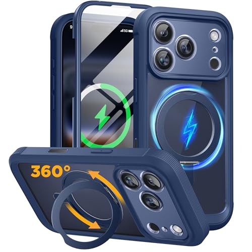 Image of Miracase for iPhone 17 Pro Case with 360 Spin Magnetic Stand, Full-Body Phone Case with Built-in Glass Screen Protector & Camera Control, Drop Proof iPhone 17 Pro Cover, Dark Blue