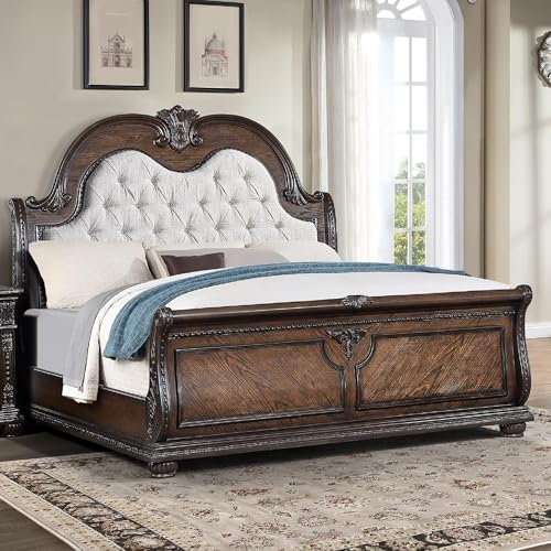 Vintage Bed Frame King Size - Classic Sleigh Bed with Natural Linen Tufted Headboard, Traditional Solid Cherry Wood Antique Bed with Carved Pattern and Nailhead Trim for Bedroom Furniture, Walnut