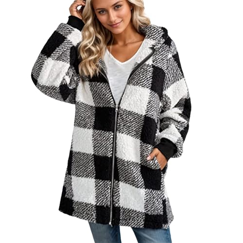 Fleece Jacket Women Sherpa Lined Plaid Flannel Hooded Jacket Oversized Zip Up Jacket with Pockets Fall Warm Coat