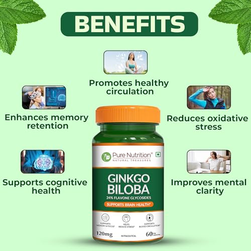 Image of Pure Nutrition Ginkgo Biloba | Gingko Biloba Capsules Supports Memory, Better Concentration | 24% Flavone Glycosides Helps Reduce Stress & Improve Blood Circulation - 60 Veg Capsules