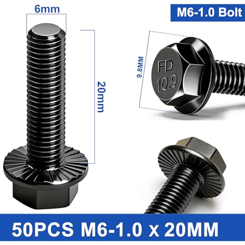 Image of Taiss 50PCS M6-1.0 x 20mm Metric Flange Hex Head Bolts,Hex Drive Screws 10.9 Black Zinc Plated Alloy Steel,m6x1.0 Bolt,Full Thread Hex Bolts