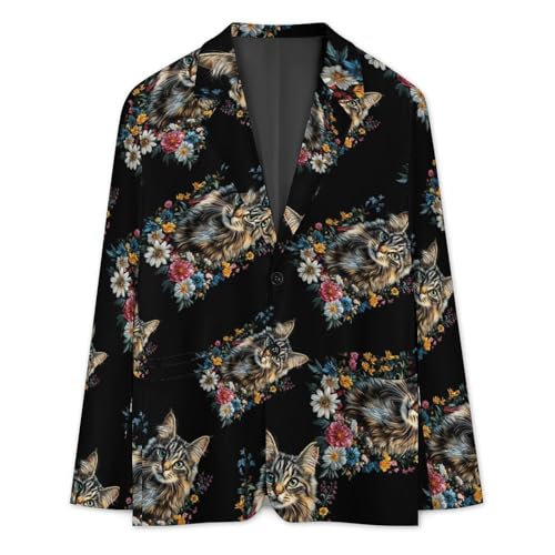 Cat Flower Floral Cute Kitten Men's Blazer Printed Button Suit Jacket Slim Sport Coat Blazers3
