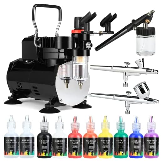 Airbrush Kit with Compressor, 1/5hp Air Compressor, Dual Action Airbrush, 8 Paints, 3 Airbrush Guns, for Painting for Decorating,Model,Shoes,Nails