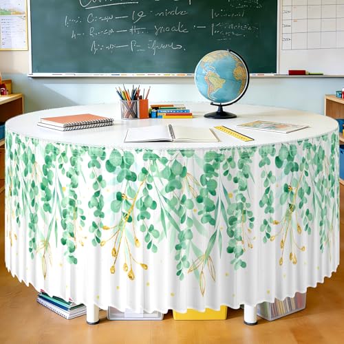 Image of 14FT Ruffle Eucalyptus Table Skirt Sage Green Teacher Desk Skirt for Classroom Decor Rectangle Table Cloth for Back to School Decorations Baby Shower Party Supplies Home Office Dorm Bookcase Cabinet