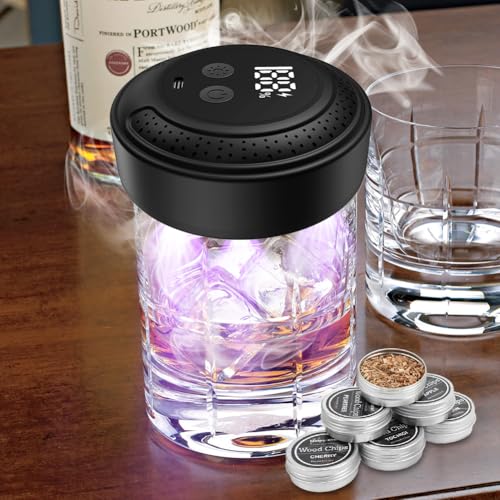 Lwuey Whiskey Smoker Kit, Cocktail Set mit 6 Aromen Holzspäne Old Fashioned Bourbon Drink Infuser Whisky Geschenkset Geschenke für Männer Jahrestag Geburtstag Weihnachten(NO Butane Needed)