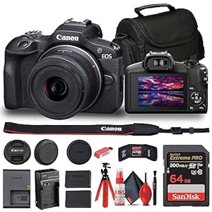 Canon EOS R100 Mirrorless Camera with 18-45mm Lens (6052C012) + Bag + 64GB Card + LPE17 Battery + Charger + Card Reader + Flex Tripod + Cleaning Kit + Memory Wallet (Renewed)